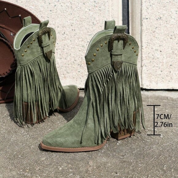 Green Vintage Women's Fringe Decor Rivet Wedge Slip-On Ankle Boots - Picture 5 of 6